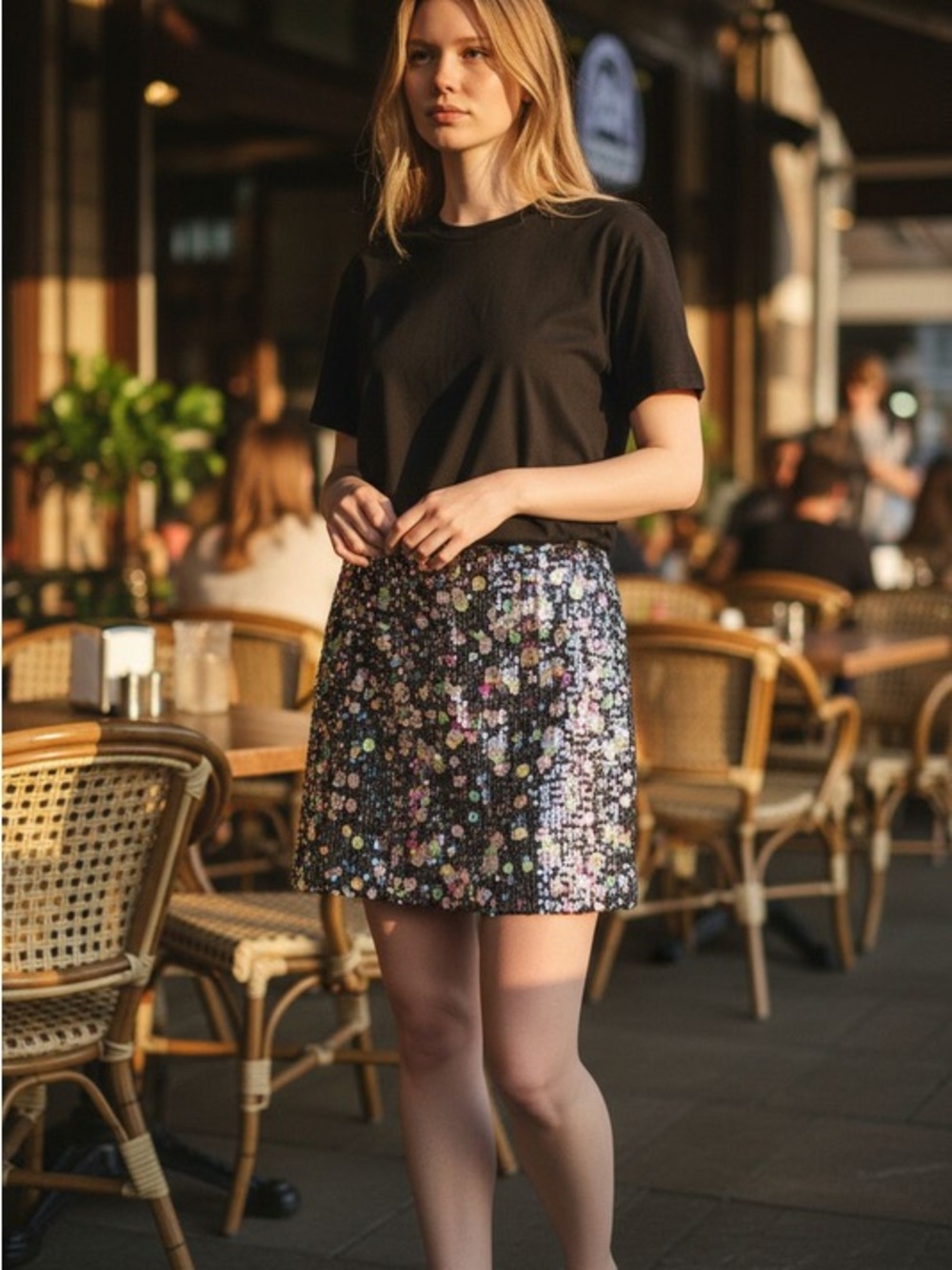 H&M Black Sequin Mini Skirt with Multicolor Floral Dots